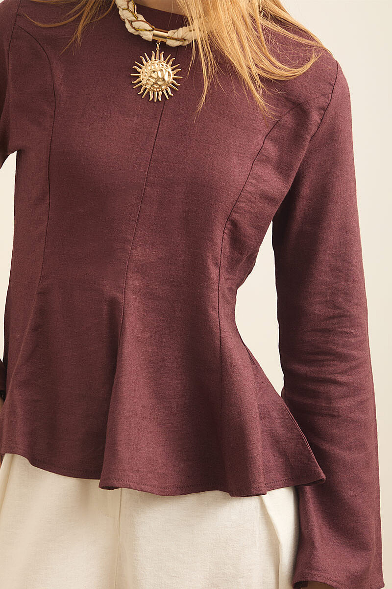 Kuplu Keten Bluz Bordo - 2