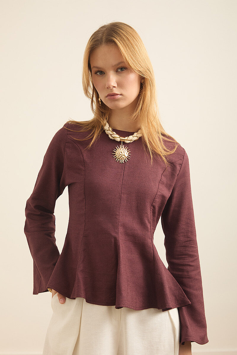 Kuplu Keten Bluz Bordo - 4