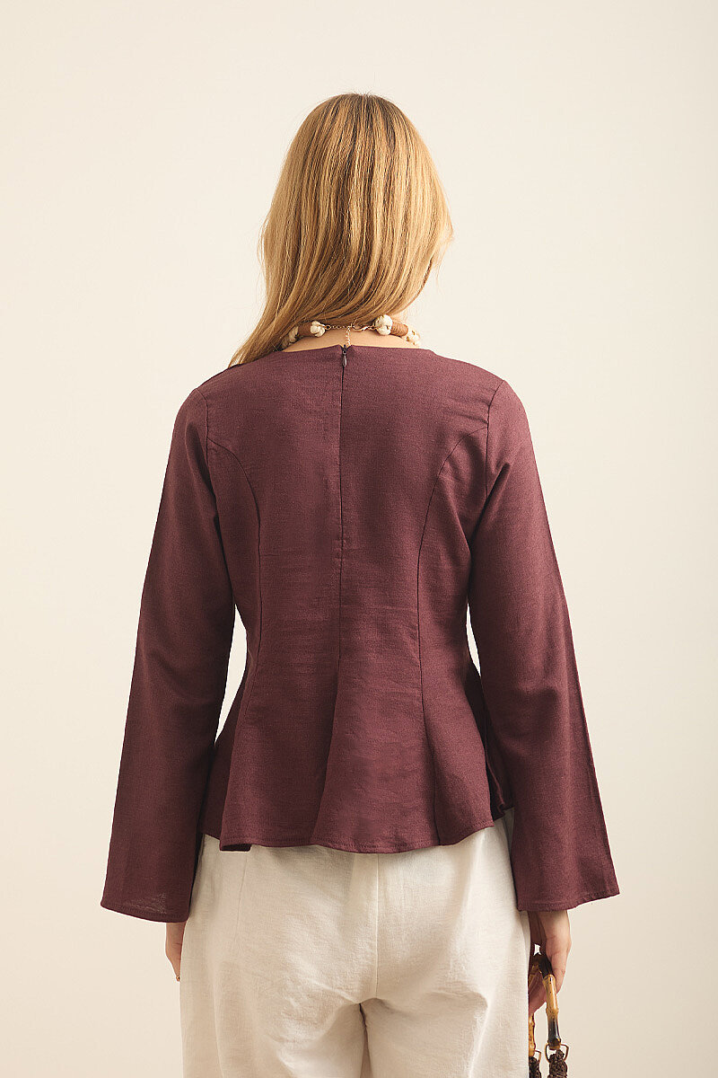 Kuplu Keten Bluz Bordo - 5