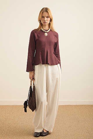 Kuplu Keten Bluz Bordo - 6