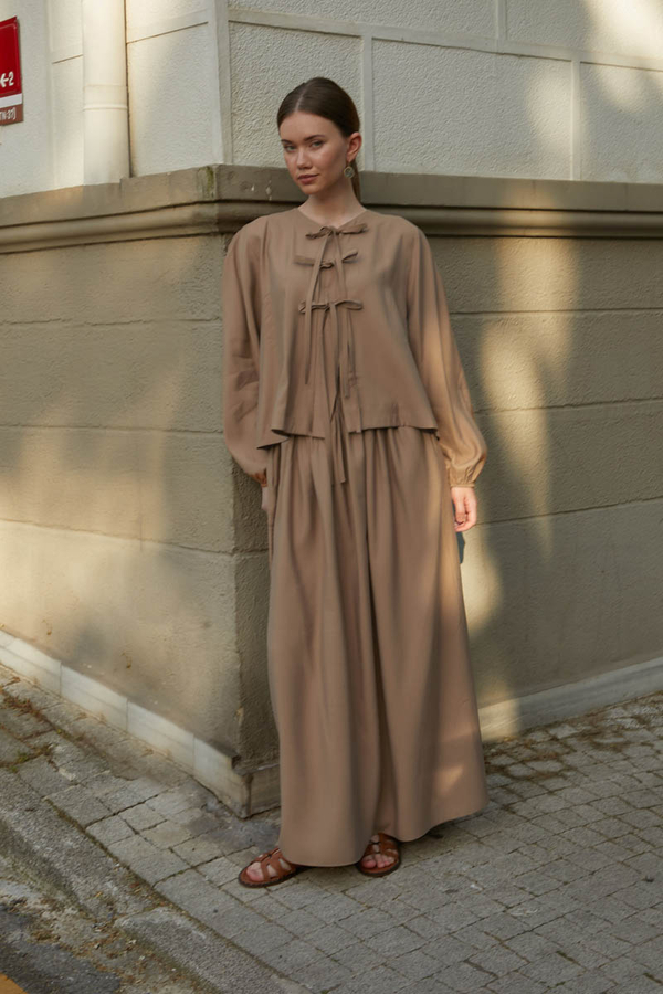 Kurdele Detaylı Etek Takım Açık Taba - 2