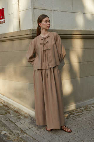 Kurdele Detaylı Etek Takım Açık Taba - 4