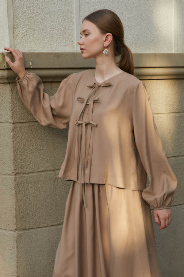 Kurdele Detaylı Etek Takım Açık Taba - 6