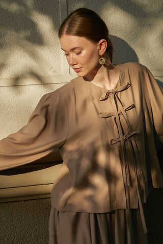 Kurdele Detaylı Etek Takım Açık Taba - 9