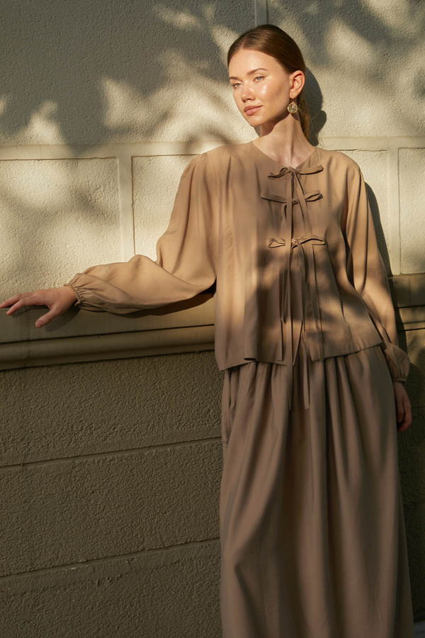 Kurdele Detaylı Etek Takım Açık Taba - 11