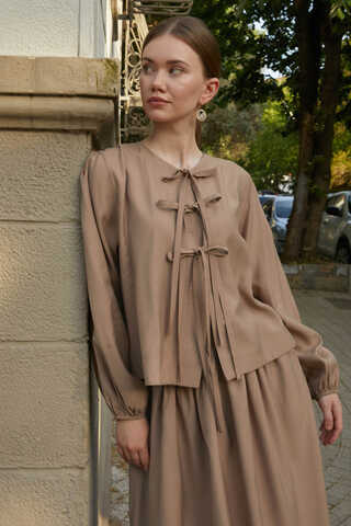 Kurdele Detaylı Etek Takım Açık Taba - 3