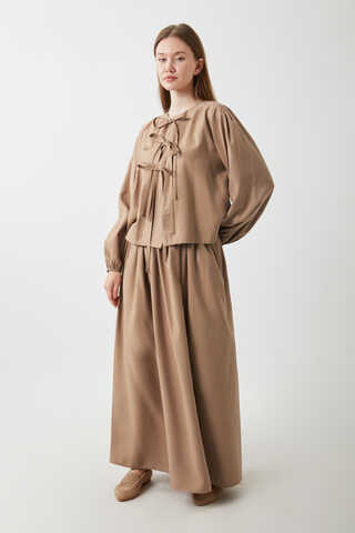 Kurdele Detaylı Etek Takım Açık Taba - 12