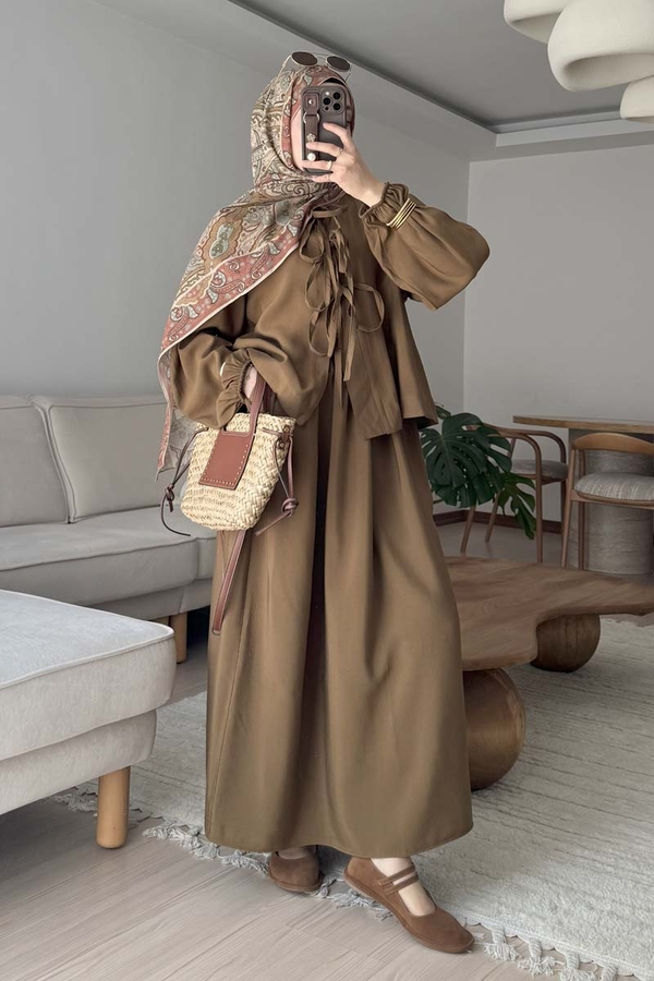 Kurdele Detaylı Etek Takım Açık Taba - 1