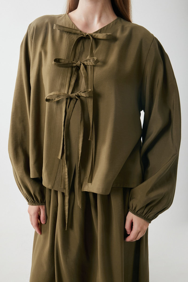 Kurdele Detaylı Etek Takım Koyu Bronz - 3