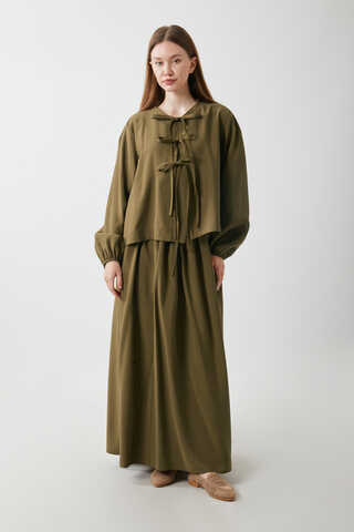 Kurdele Detaylı Etek Takım Koyu Bronz - 1