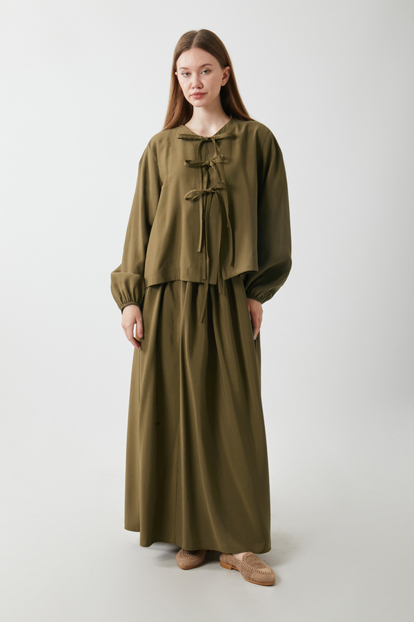 Kurdele Detaylı Etek Takım Koyu Bronz - 1