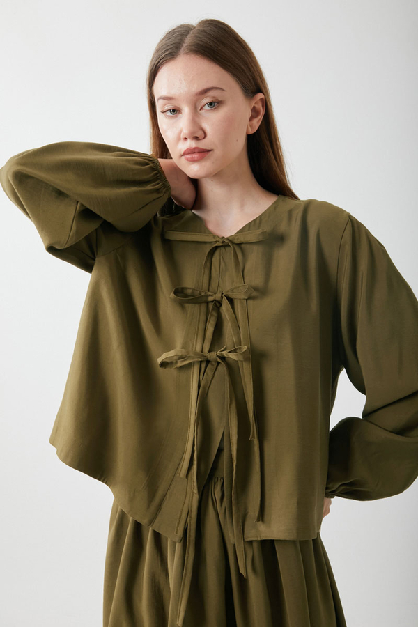 Kurdele Detaylı Etek Takım Koyu Bronz - 4