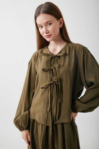 Kurdele Detaylı Etek Takım Koyu Bronz - 5