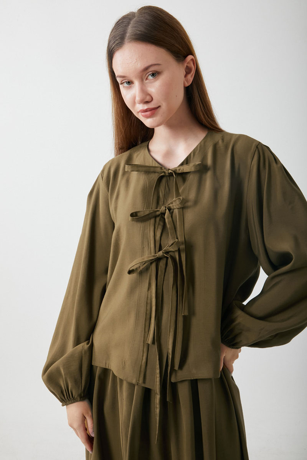 Kurdele Detaylı Etek Takım Koyu Bronz - 5