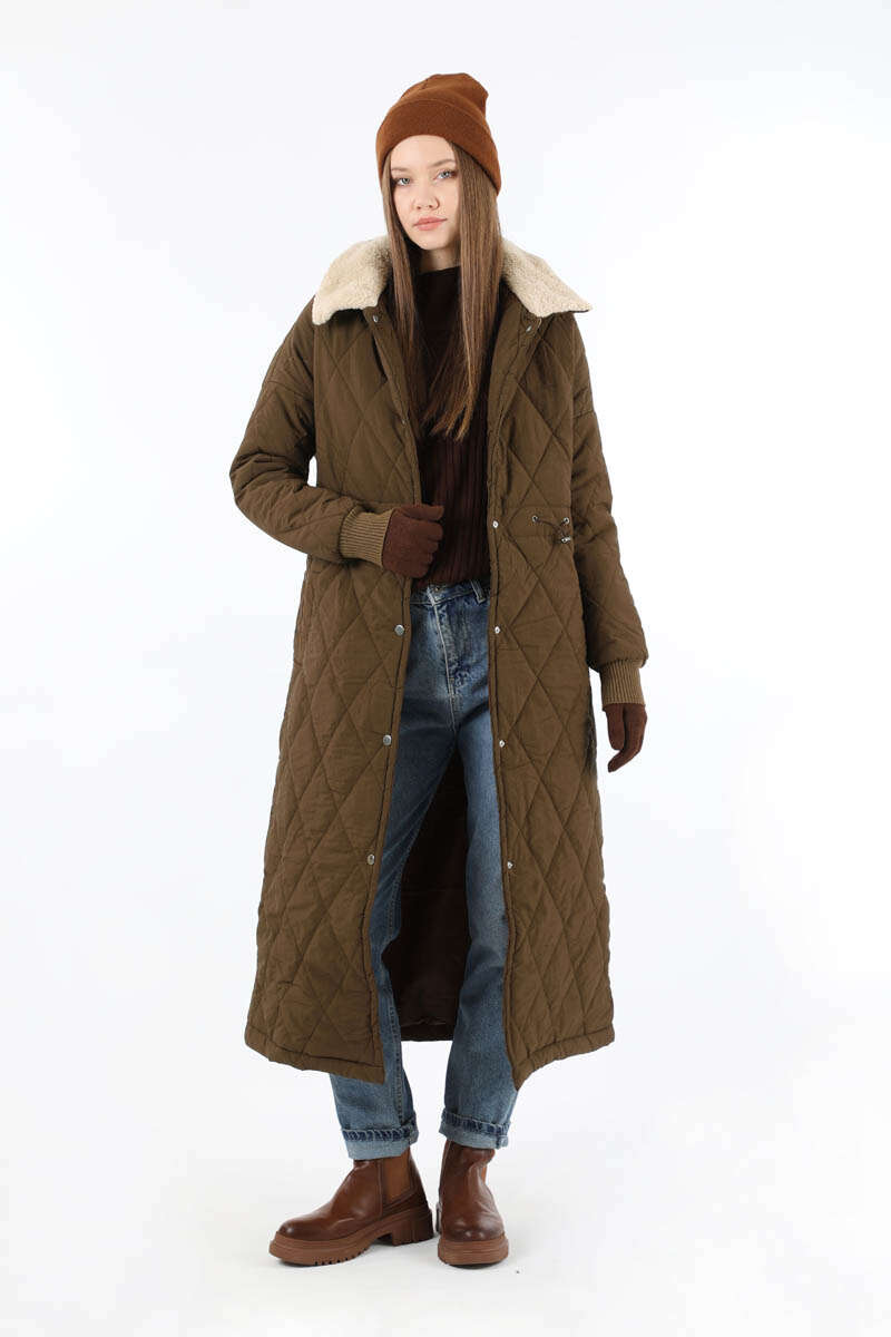 Kürk Yaka Kapüşonlu Uzun Mont Kahve