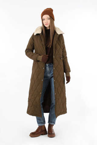 Kürk Yaka Kapüşonlu Uzun Mont Kahve - 1