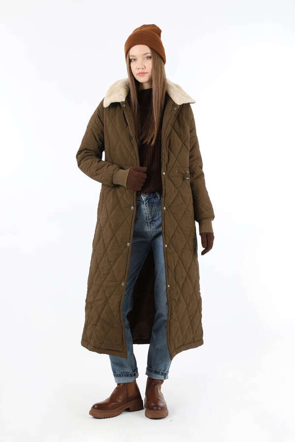 Kürk Yaka Kapüşonlu Uzun Mont Kahve - 1