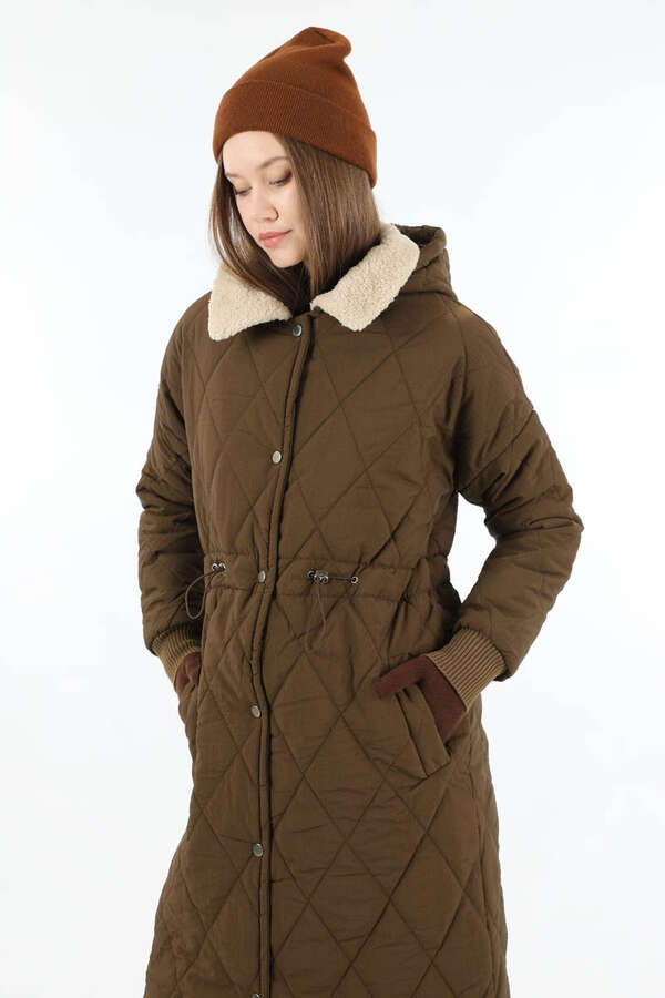 Kürk Yaka Kapüşonlu Uzun Mont Kahve - 2