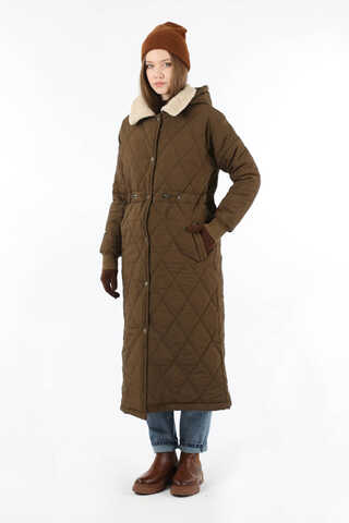 Kürk Yaka Kapüşonlu Uzun Mont Kahve - 3