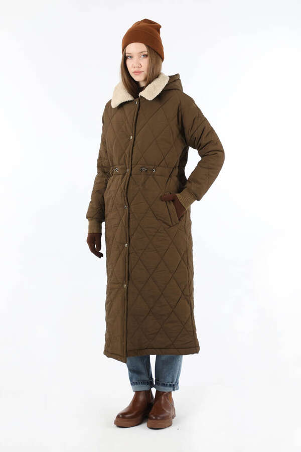 Kürk Yaka Kapüşonlu Uzun Mont Kahve - 3