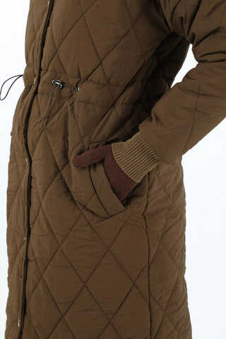 Kürk Yaka Kapüşonlu Uzun Mont Kahve - 4