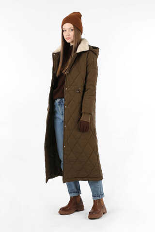 Kürk Yaka Kapüşonlu Uzun Mont Kahve - 5