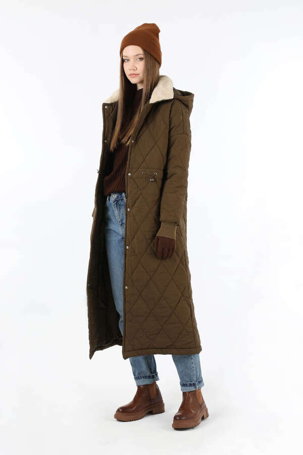 Kürk Yaka Kapüşonlu Uzun Mont Kahve - 5