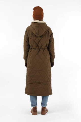 Kürk Yaka Kapüşonlu Uzun Mont Kahve - 6