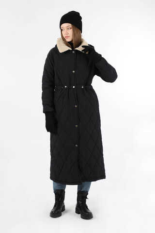 Kürk Yaka Kapüşonlu Uzun Mont Siyah - 3