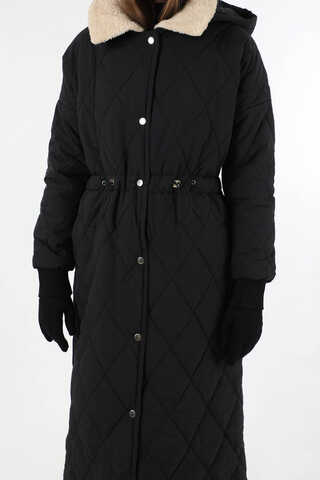 Kürk Yaka Kapüşonlu Uzun Mont Siyah - 4