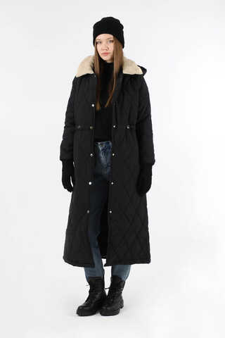 Kürk Yaka Kapüşonlu Uzun Mont Siyah - 1