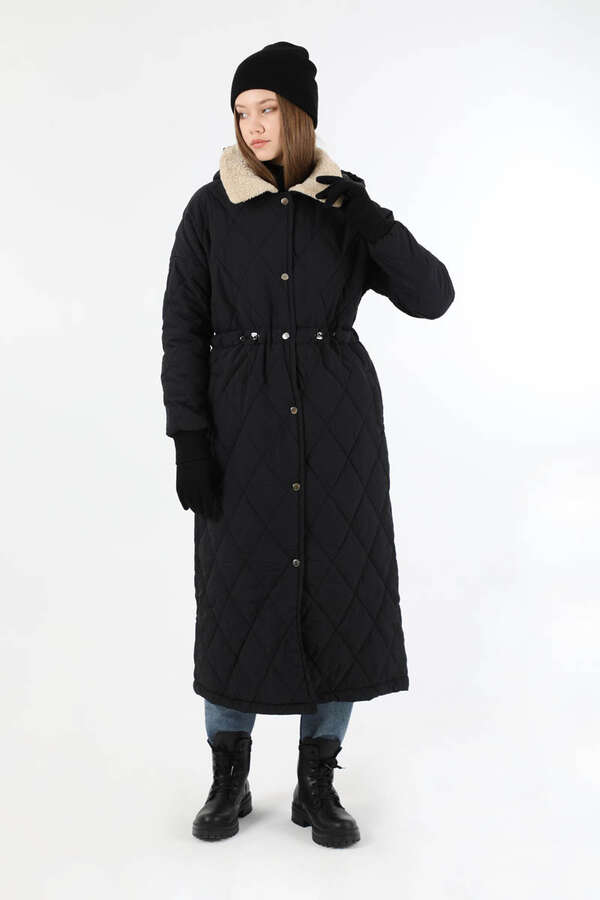 Kürk Yaka Kapüşonlu Uzun Mont Siyah - 3