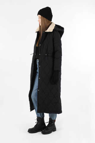 Kürk Yaka Kapüşonlu Uzun Mont Siyah - 5