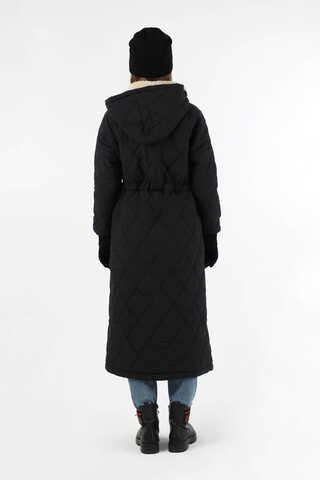 Kürk Yaka Kapüşonlu Uzun Mont Siyah - 6