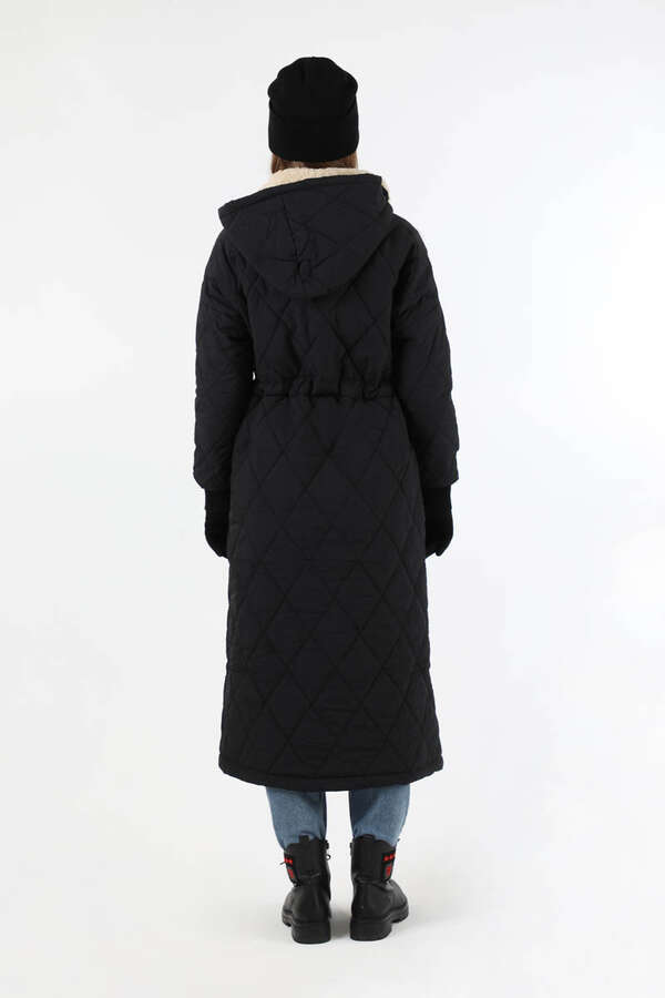 Kürk Yaka Kapüşonlu Uzun Mont Siyah - 6