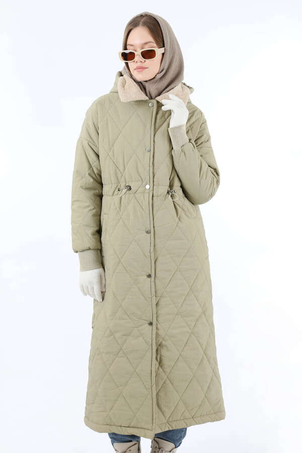 Kürk Yaka Kapüşonlu Uzun Mont Taş - 2