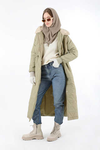 Kürk Yaka Kapüşonlu Uzun Mont Taş - 3