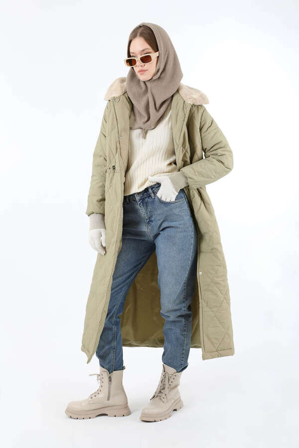 Kürk Yaka Kapüşonlu Uzun Mont Taş - 3