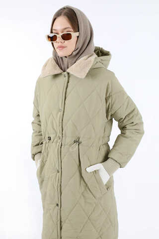 Kürk Yaka Kapüşonlu Uzun Mont Taş - 4