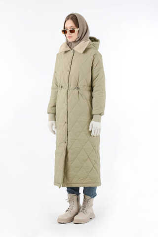 Kürk Yaka Kapüşonlu Uzun Mont Taş - 5