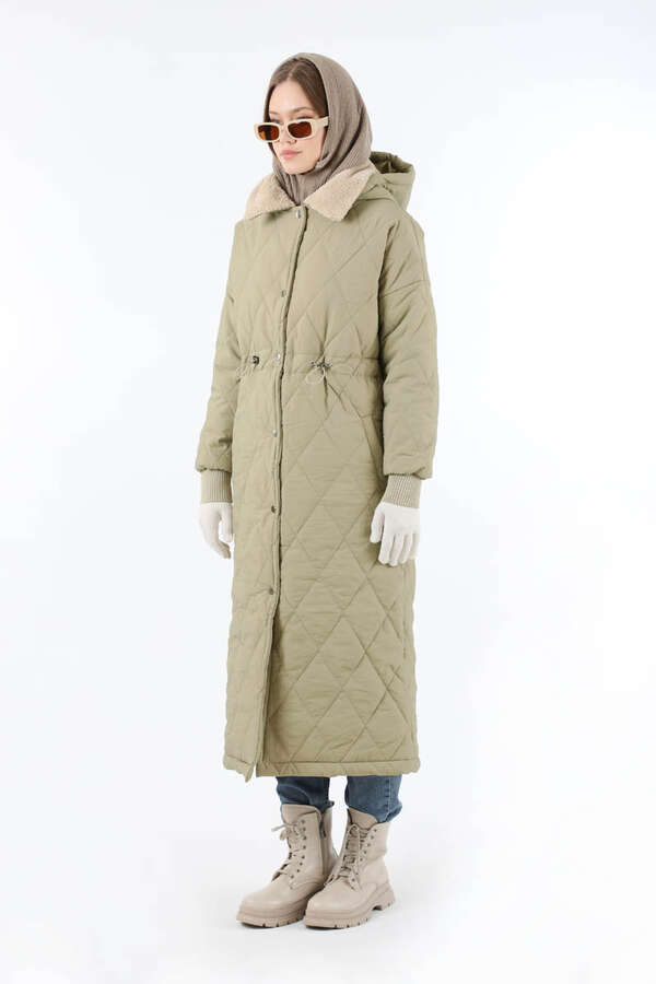 Kürk Yaka Kapüşonlu Uzun Mont Taş - 5