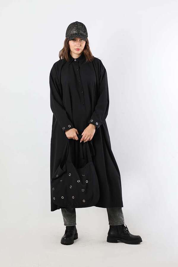 Kuş Gözü Çantalı Tunik Elbise Siyah - 1