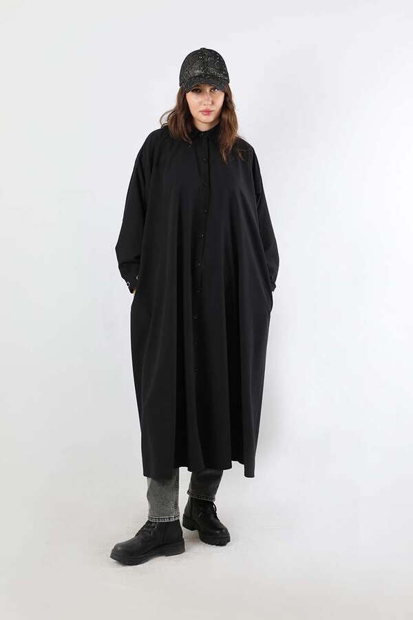 Kuş Gözü Çantalı Tunik Elbise Siyah - 5