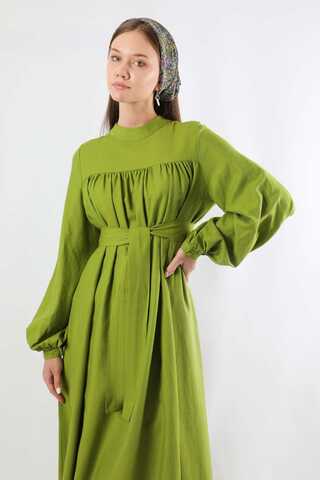 Kuşaklı Büzgülü Elbise Fıstık Yeşili - 2