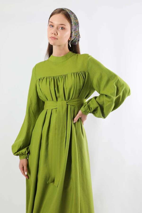 Kuşaklı Büzgülü Elbise Fıstık Yeşili - 2