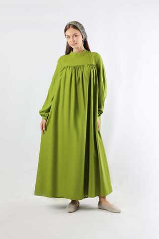 Kuşaklı Büzgülü Elbise Fıstık Yeşili - 3