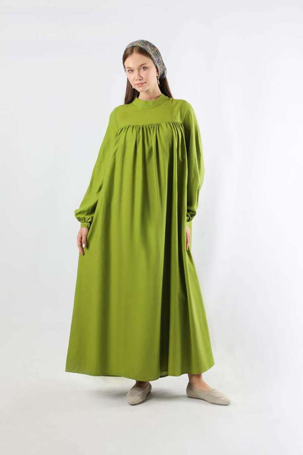 Kuşaklı Büzgülü Elbise Fıstık Yeşili - 3