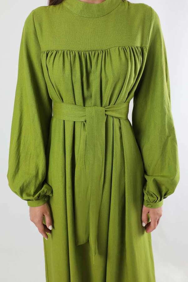 Kuşaklı Büzgülü Elbise Fıstık Yeşili - 4