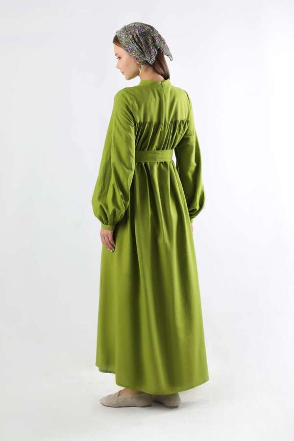 Kuşaklı Büzgülü Elbise Fıstık Yeşili - 5