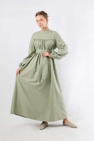 Kuşaklı Büzgülü Elbise Mint - 1